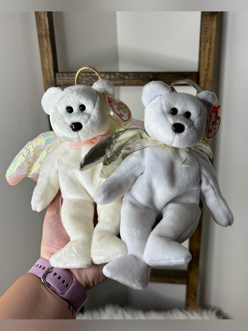 Ty Plush Angel Bear Pair - White & Cream with Iridescent Wings 1999 and 2000